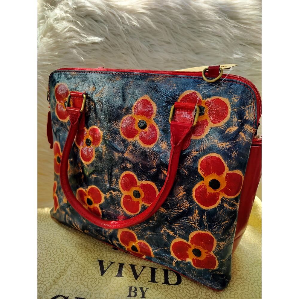 5533)Vivid by Sukriti Handpainted Leather Red Blue Poppy Flower Shoulder Bag - Picture 2 of 10